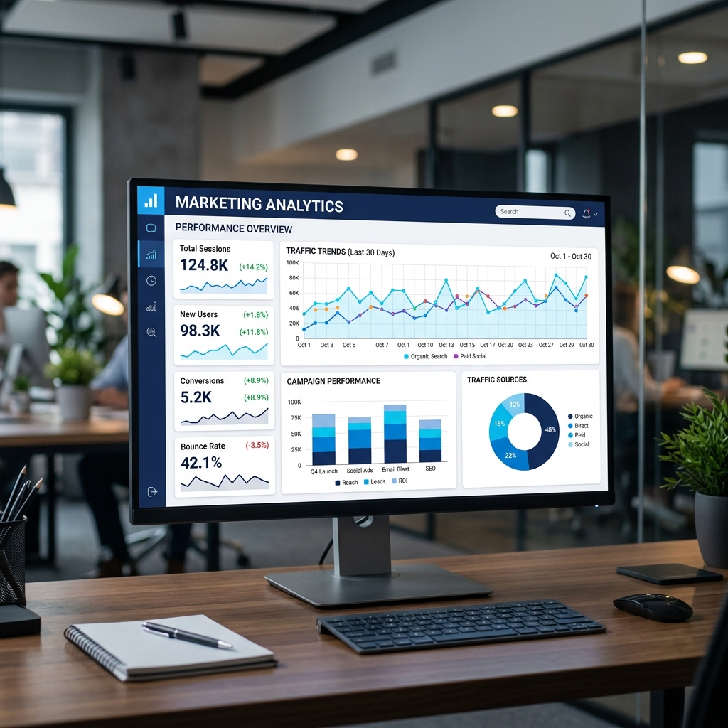 Digital marketing analytics dashboard displaying traffic and conversion data