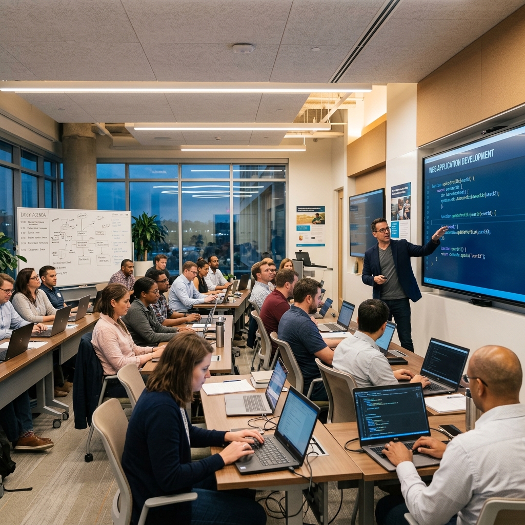 Professional training session at TechHub's modern classroom