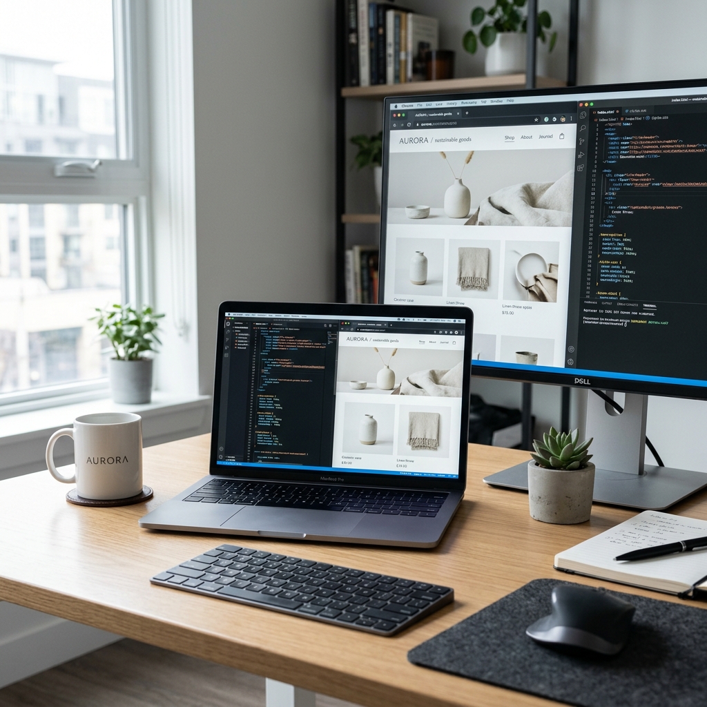 Professional web development workspace with laptop showing a responsive website