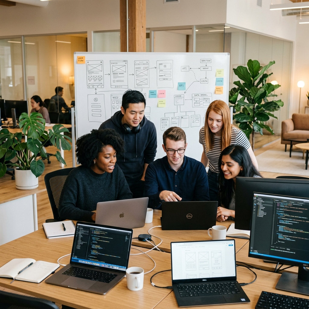 TechHub team collaborating in a modern workspace